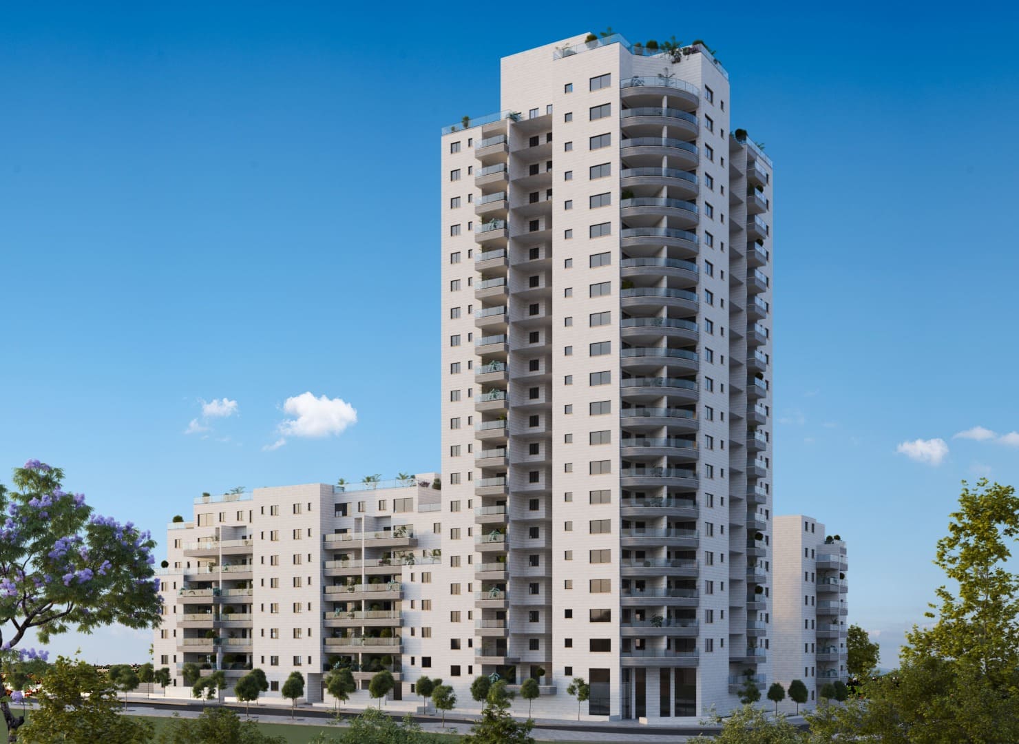 הדמיה של הפרויקט, מבט מזרחי, מציג ארבעה בניינים