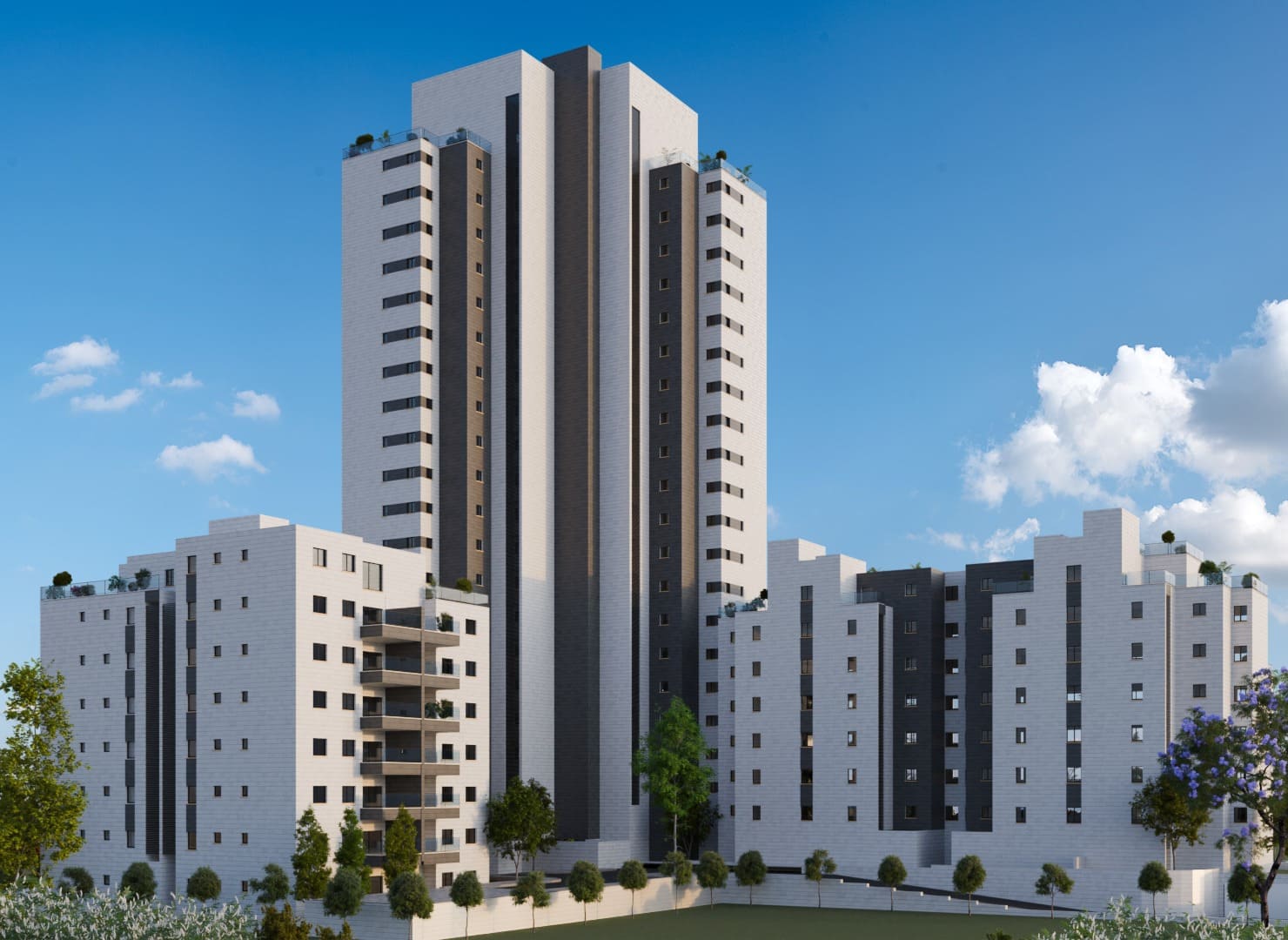 הדמיה של הפרויקט, מבט דרומי, מציג ארבעה בניינים מזווית אחרת